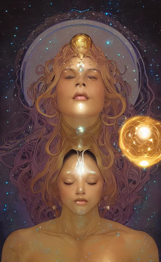 Image similar to a cosmic god, body made out of stars and galaxies and cosmic energy, levitating in the universe, intricate, headshot, highly detailed, digital painting, artstation, concept art, sharp focus, cinematic lighting, illustration, art by artgerm and greg rutkowski, alphonse mucha, cgsociety