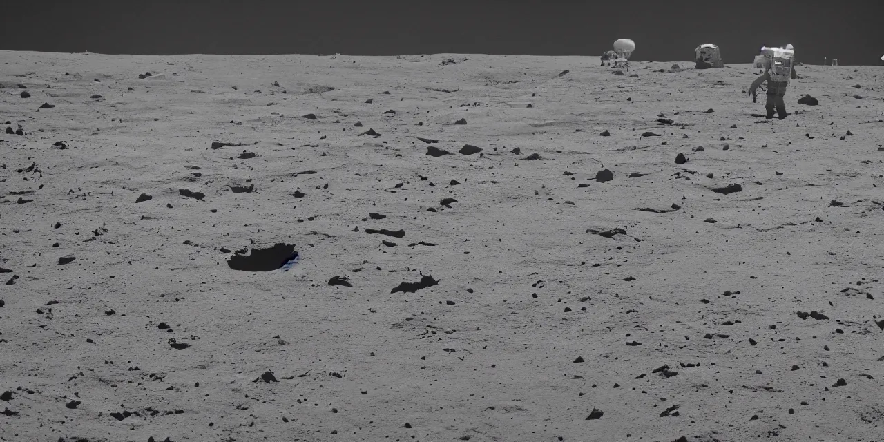 Image similar to closeup black and white photo from the surface of the moon with an astronaut on it, cinematic film still, glowing landing lights on spaceship, stars and space in the background,