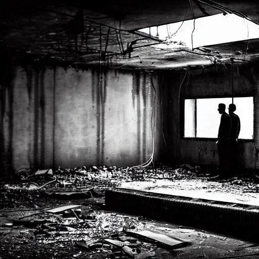 Image similar to two men in black, watching a black hole forming in the grimy grungy basement of an abandoned apartment block, wires, cables, grainy black and white photography