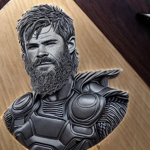 Image similar to epic detailed cnc machine carving of chris hemsworth as thor