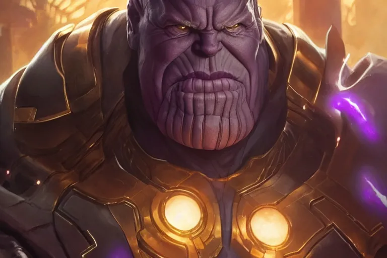 Prompt: Thanos smirking while clenching his fist, trending on Artstation, highly detailed, HD wallpaper, 4k, photorealistic, digital art, art by artgerm and Greg Rutkowski and Alphonse Mucha