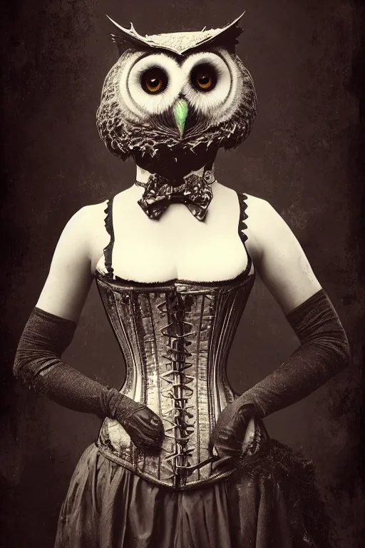 Image similar to wet plate photograph of an anthropomorphic owl dressed in a victorian - era corset dress, dramatic lighting, highly detailed, digital painting, artstation, concept art, smooth, sharp focus, illustration, art by wlop, mars ravelo and greg rutkowski