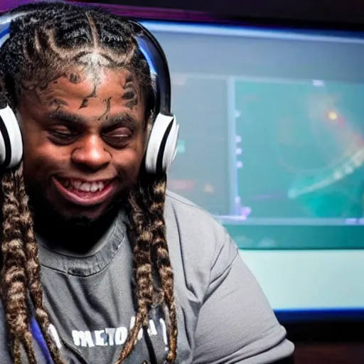 Prompt: obese Lil Wayne wearing a headset yelling at his monitor while playing WoW highly detailed wide angle lens 10:9 aspect ration award winning photography erasure head