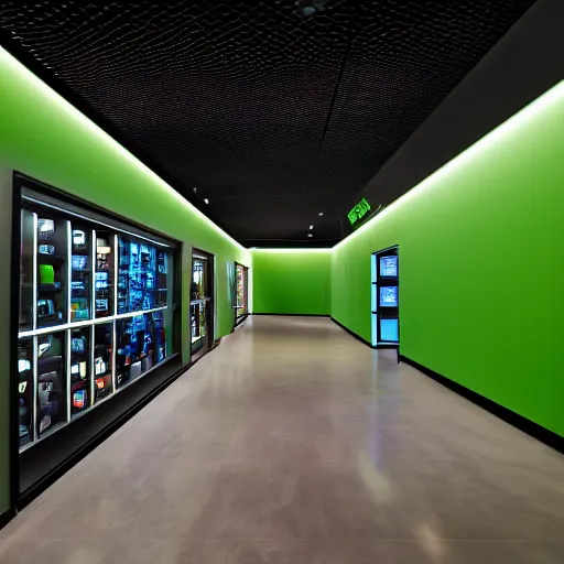 Prompt: interior photography of a Microsoft Samsung flagship store, black walls, geometrical textures, wood, features, eye-catching, polished concrete, spotlights, green wall, water feature, award winning interior design, patterns, retaildesignblog, dezeen, 14mm, 8k, cinestill, pentax, film