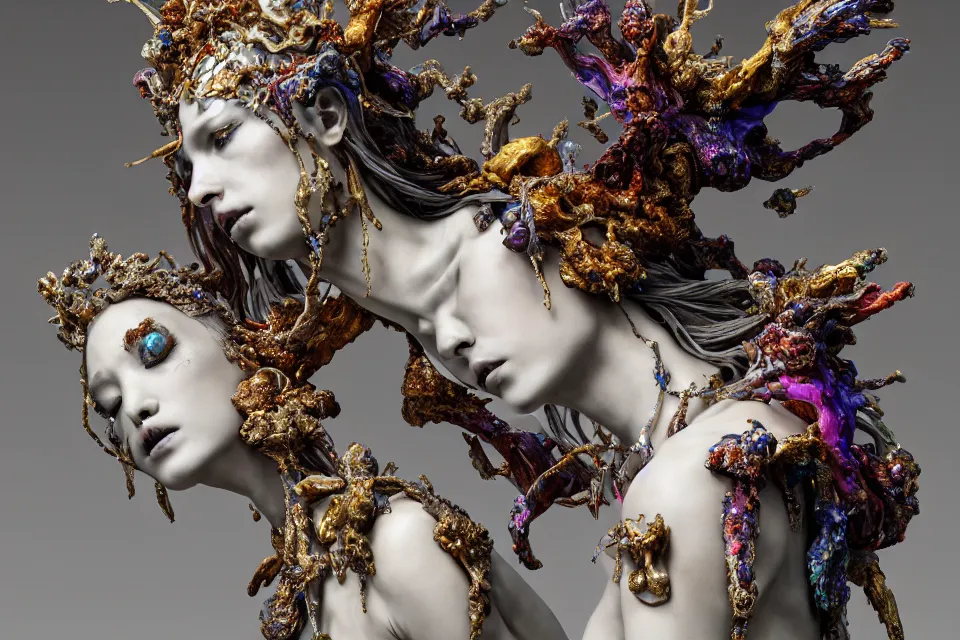 Prompt: Cinestill of A heartbreaking realistic 8k Bernini Sculpture of a stunning intricate cracked multicolored milky cosmic marble Evangelion Fallen Angel Devil Queen adorned in sentient mycelium mystical jewelry and ancient Empress crown and misty xparticles. by Yoshitaka Amano, Daytoner, Greg Tocchini, Scattered golden flakes, Hyperrealism. Subsurface scattering. Octane Render. Weirdcore, perfect face.