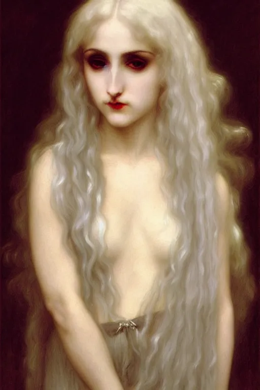 Image similar to victorian vampire white hair painting by rossetti bouguereau, detailed art, artstation