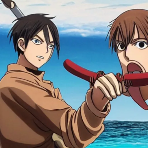 Prompt: eren jaeger pointing at a sausage over the sea