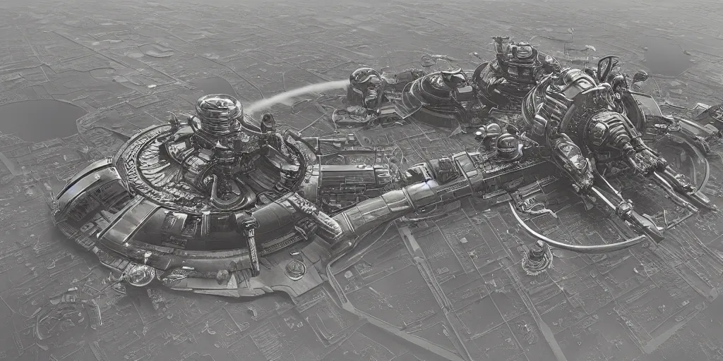 Prompt: aerial view of the architectural model of a steam punk space port, drawn by Ernst Haekl, in the style of beeple