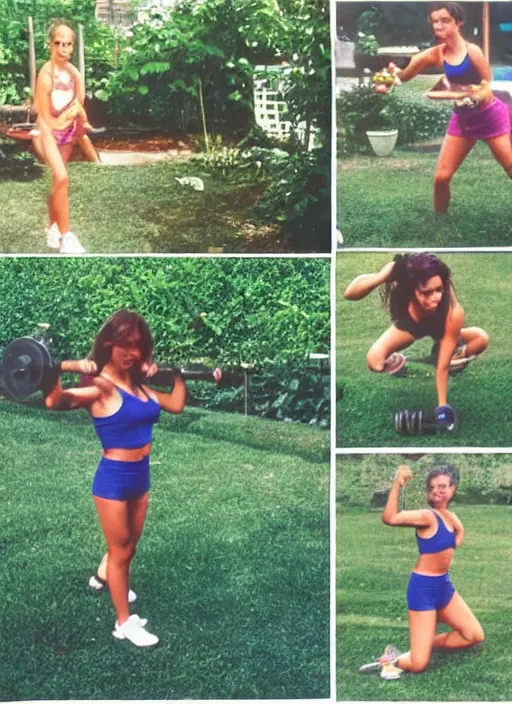 Image similar to 90's Photos, A beautiful girl is working out in the garden.
