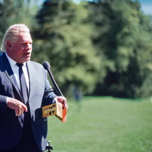 Prompt: doug ford giving a speech in beekeepers suit cinestill, 8 0 0 t, 3 5 mm, full - hd