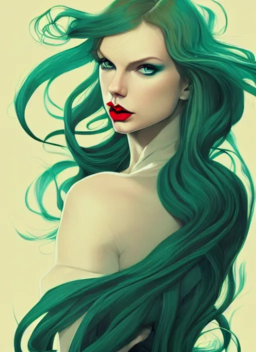 Image similar to style artgerm, joshua middleton, taylor swift with green dress, very long blue hair, swirling, symmetrical face, symmetrical eyes, lovecraftian western gunslinger, cinematic lighting