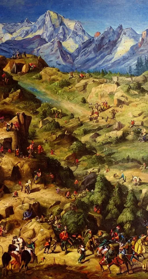 Prompt: massive vibrant colorful mountainscape behind a small medieval skirmish, oil painting