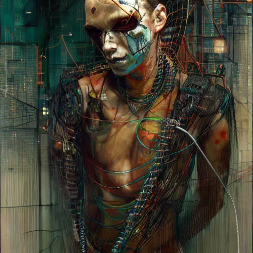 Image similar to male cyberpunk hacker dream thief mayan jaguar warrior, wires cybernetic implants, in the style of adrian ghenie, esao andrews, jenny saville, surrealism, dark art by james jean, takato yamamoto