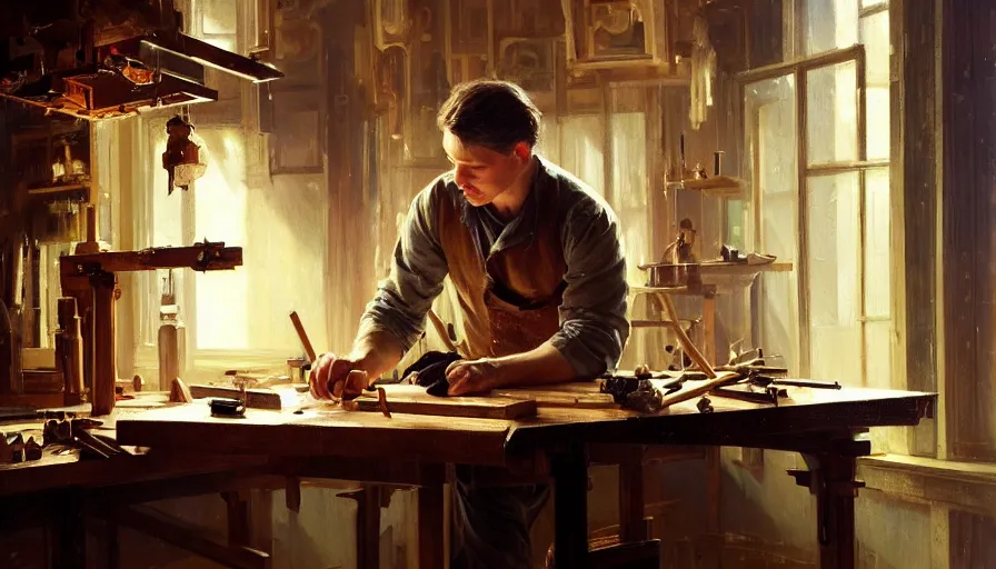 Prompt: highly detailed oil painting | very intricate | cinematic lighting | award - winning | craftsman | building a piece of furniture in their workshop | by greg rutkowski, by j. c. leyendecker, beautiful cinematic light, american romanticism, by anders zorn, by greg manchess, by jessica rossier, artstation, cgsociety, official art, octane