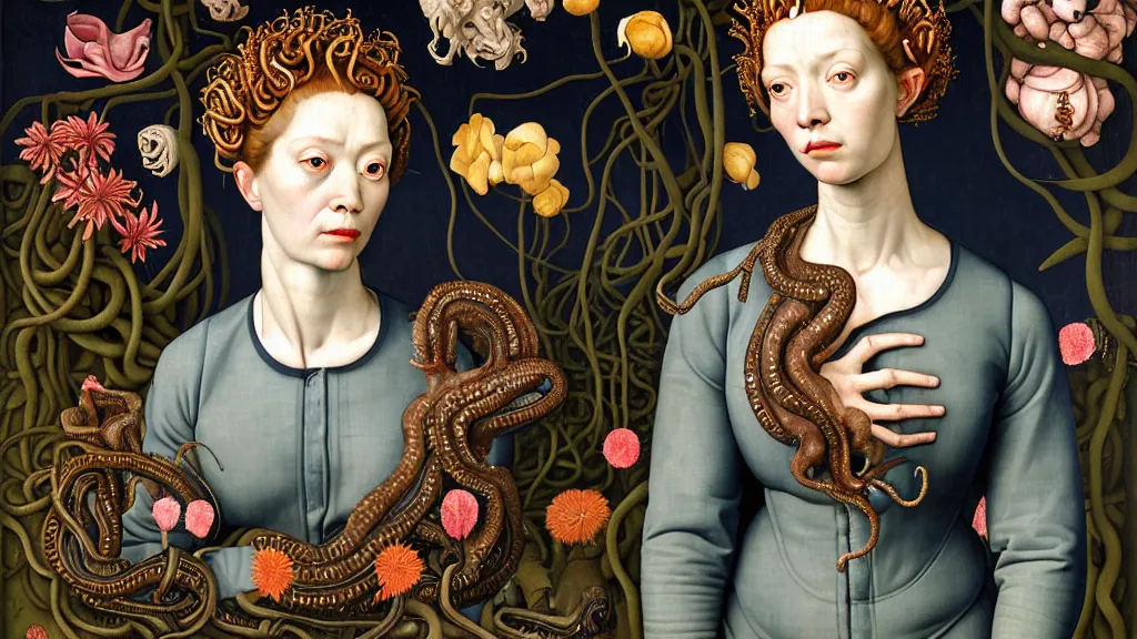 Image similar to portrait of medusa, wearing a jeans jackets, a high collar t - shirt and baggy jeans, in the style of rogier van der weyden and jacopo da pontormo, standing in a botanical garden full of serpents and luxuriant flowers, bjork aesthetic, masterpiece, cyberpunk, asian art, intricate details, highly detailed