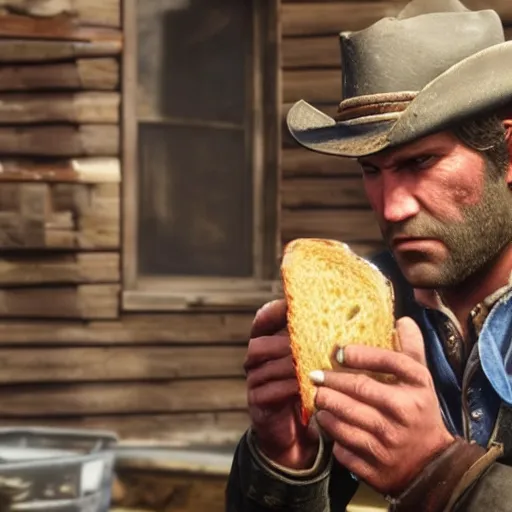 Image similar to arthur morgan from red dead redemption 2 eating a sandwich photo - realistic