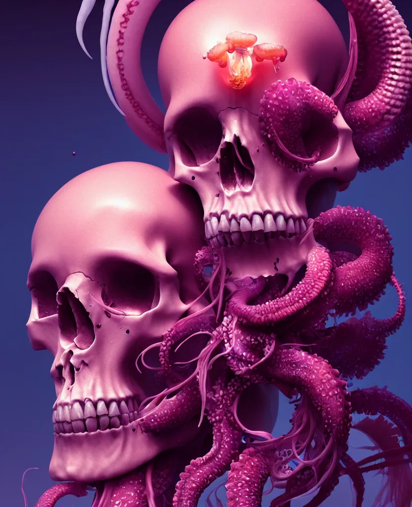 Image similar to goddess close - up portrait human skull, ram skull, squid phoenix jellyfish, orchid, betta fish, bioluminiscent, intricate artwork by tooth wu and wlop and beeple. octane render, trending on artstation, greg rutkowski very coherent symmetrical artwork. cinematic, hyper realism, high detail, octane render, 8 k