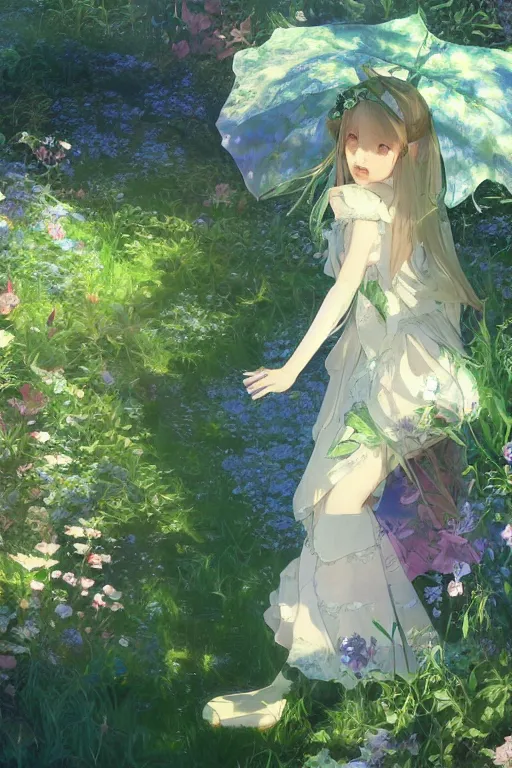 Image similar to a depressed digital art, loli in dress, garden, green and warm theme, blue accents, back lighting, highly detailed, 4 k resolution, trending on art station, by krenz cushart and mucha and akihito yoshida and greg rutkowski and makoto shinkai