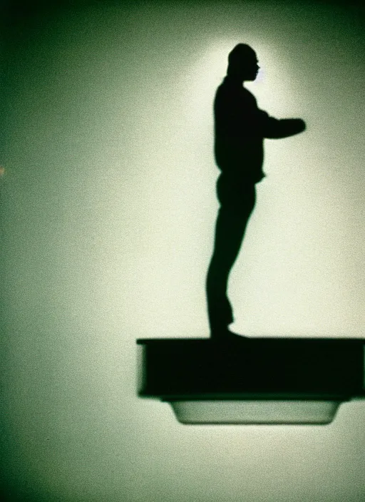 Prompt: realistic photo portrait of a scientific document photograph of of glowing person levitating in a grey sky 1 9 9 0, life magazine photo, natural colors, museum collection, kodak