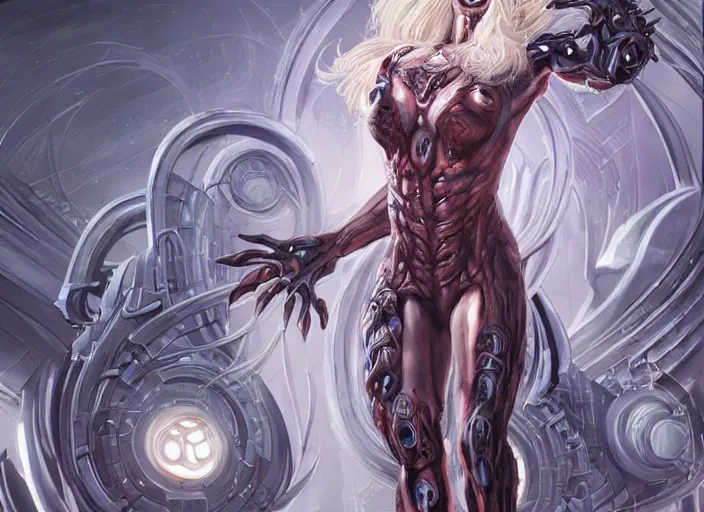 Image similar to comic art,Sprial, a gorgeous beautiful female six-armed Mutant and Cyborg Sorcerer with white hair long legs standing at a dimensional gateway,full character design,8k,art by Stanley Artgermm,Travis Charest,trending on Artstation,face enhance,hyper detailed,full of colour,cinematic,dynamic lighting