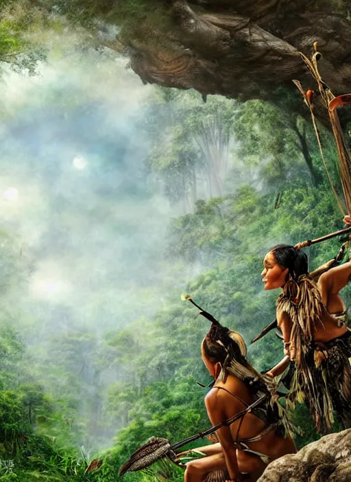 Prompt: two indigenous people hunting together in the jungle, fantasy art, highly detailed, matte painting