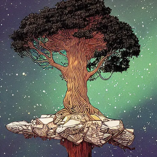 Image similar to a large tree growing from a crystal floating in space, by moebius