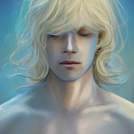 Image similar to Portrait of an androgynous blond prince in a beautiful world, pale milky white skin and long fluffy curly blond hair, symmetrically center parted curtain bangs, intricate, elegant, fantasy, highly detailed, digital painting, concept art, Junji Ito, sharp focus, illustration, beautiful volumetric lighting, epic light, artstation, magic hour lighting, colorful, sunshine, springtime, art by Sylvain Sarrailh