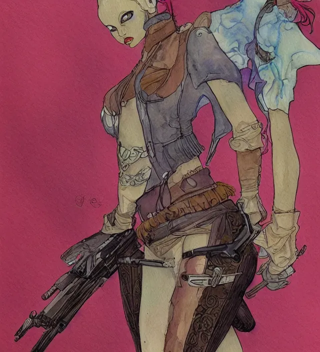 Image similar to a watercolor ink painting of bunnygirl gunslinger in the style of jean giraud in the style of moebius trending on artstation deviantart pinterest detailed realistic hd 8 k high resolution