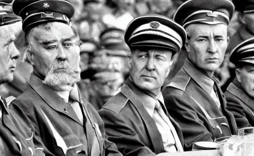 Prompt: 50s movie still of very diverse soviet generals with very detailed faces, by Alexei Guerman , Cinestill 800t 35mm black and white, heavy grainy picture, very detailed, high quality, 4k, HD criterion, precise texture