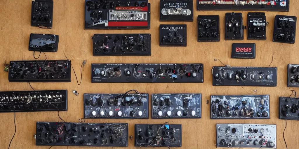 Image similar to guitar pedal board full of boss pedals