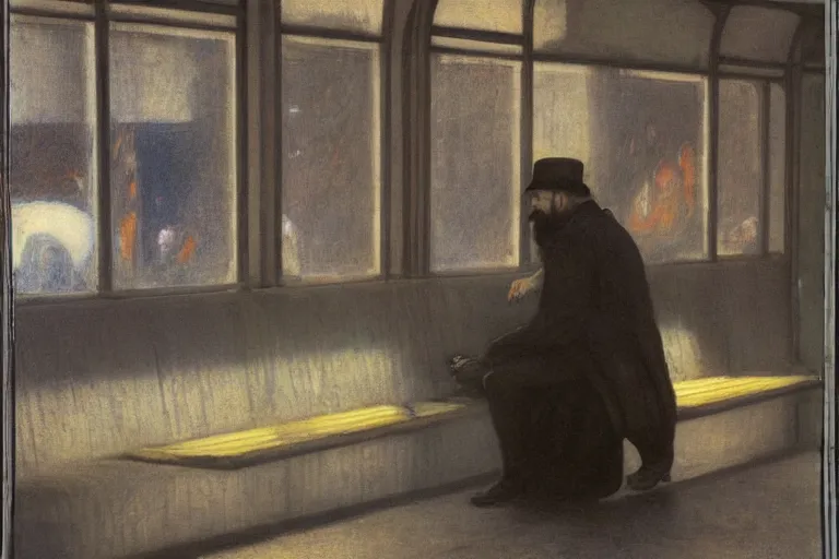 Image similar to portrait of a bearded young man sitting alone on a bench in a subway station, glowing with silver light, color by Franz Marc, highly detailed architecture by Jean-Léon Gérôme, by Winsor McCay, today's featured photograph, 16K