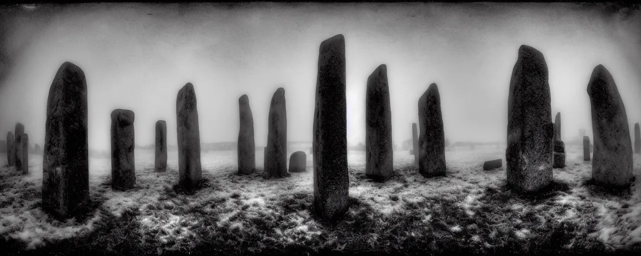 Prompt: a fish - eye photograph of neolithic standing stones, a group of hooded figures, backlit, by sarah moon and joel peter witkin, 1 8 0 0 s vintage, drone photography, grainy, snow, highly detailed, gloomy and foggy atmosphere, octane render, bleach bypass, cinematic lighting, photographic emulsion cracked and peeling, tri - x, 8 k, hd