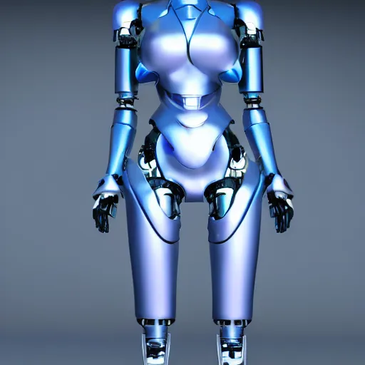 Prompt: womanized humanoid robot made of steel, beautiful face, glowing eyes, blue short hair, big breasts, anatomically correct, futuristic, glowing details, symmetrical, unreal engine, ray tracing, 8 k, uhd, ultrarealistic, clear, sharp, highly detailed