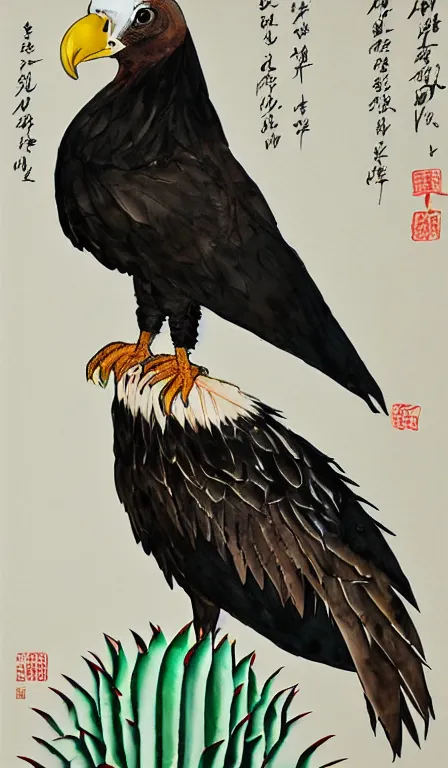 Image similar to Shen Quan's 'turkey vulture on cactus', hanging scroll, ink and colours on silk