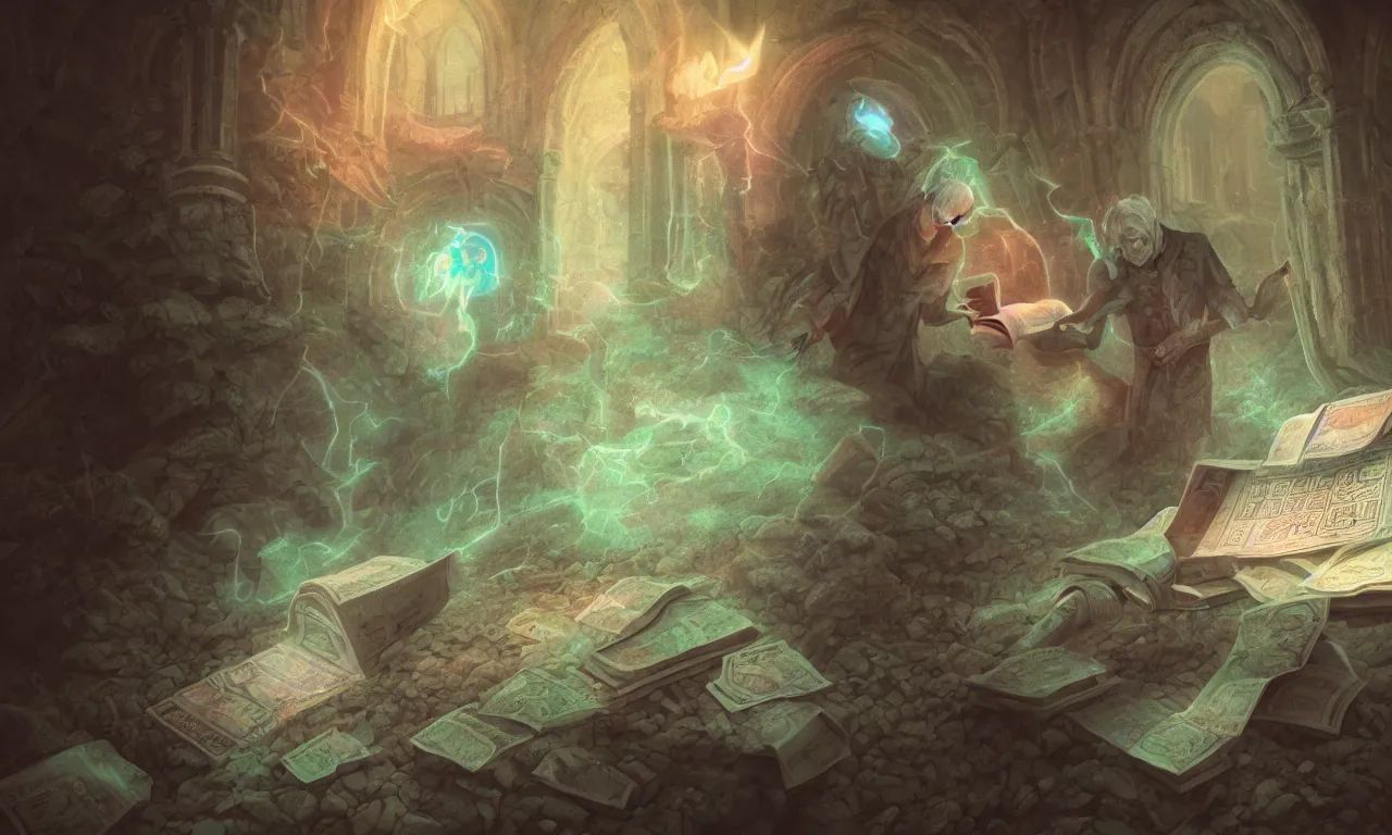 Image similar to kerberos realm, faked ticket close up, wizard reading a directory, nordic pastel colors, abandoned ruins, 3 d art, digital illustration, perfect lighting