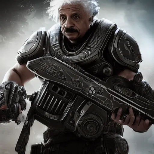 Image similar to Albert Einstein in Gears of War, splash art, movie still, detailed face, cinematic lighting, dramatic, octane render, long lens, shallow depth of field, bokeh, anamorphic lens flare, 8k, hyper detailed, 35mm film grain