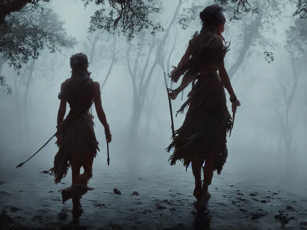 Prompt: hunter woman walking across foggy river, unreal engine 5, art by artgerm and greg rutkowski and alphonse mucha, global illumination, detailed and intricate environment, hyperrealistic, volumetric lighting, epic cinematic shot, perfectly defined features, ambient occlusion