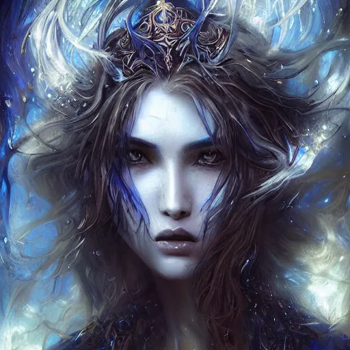 Image similar to masterpiece goddess of sorrow portrait, 3 0 years woman, melancolic face, dynamic hair digital painting by louis royo and wlop, dark tenebrous blue background, cinematic light, aura effect, some chaotic sparkles, unreal engine, artstation, deviantart, pinterest
