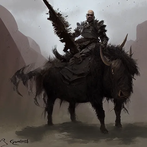 Image similar to Walter white as a dark fantasy warrior riding an armored yak, made by Greg Rutkowski