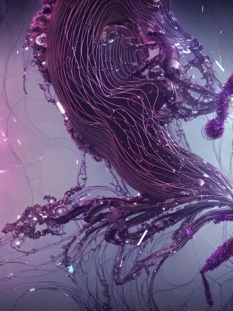 Image similar to futuristic ai cult, ethereal biomech race, deep quantum design, wings, flowers, wires and veins, ferrofluid, bismuth, city, unsettling, heartbreaking and enthralling, style blend of hideo kojima, shojo manga, mobius and botticelli, 4 k photorealistic, ultra fine inklines