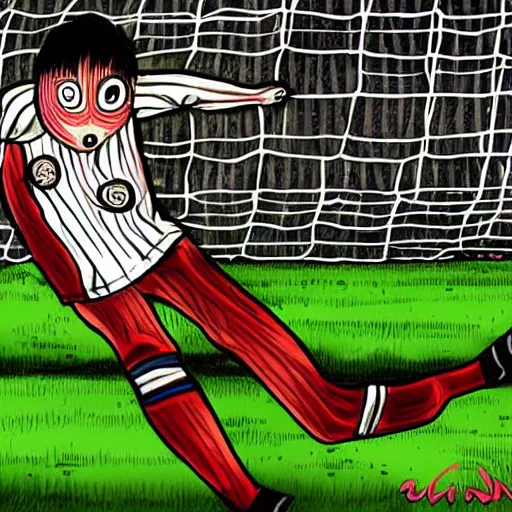 Image similar to a man scoring a goal, soccer, horror, in the style of Junji Ito