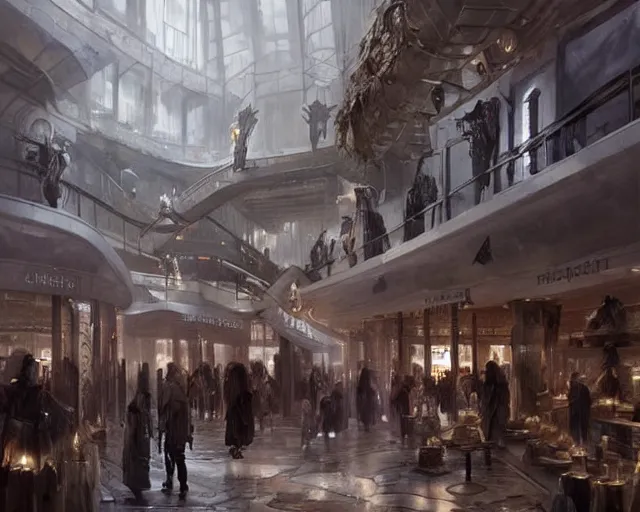 Prompt: a mall in the style of early medieval vikings, art by greg rutkowski and artgerma, stunning concept art, interior design architecture