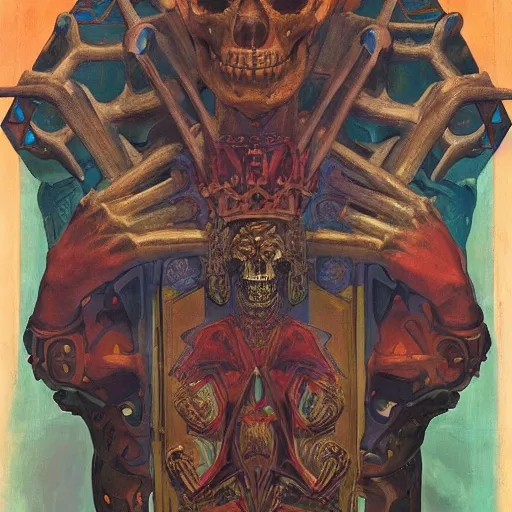 Image similar to the crown of madness and bones, by Annie Swynnerton and Nicholas Roerich and Diego Rivera, bioluminescent skin, elaborate costume, geometric ornament, symbolist, cool colors, dramatic cinematic lighting, smooth, sharp focus, extremely detailed