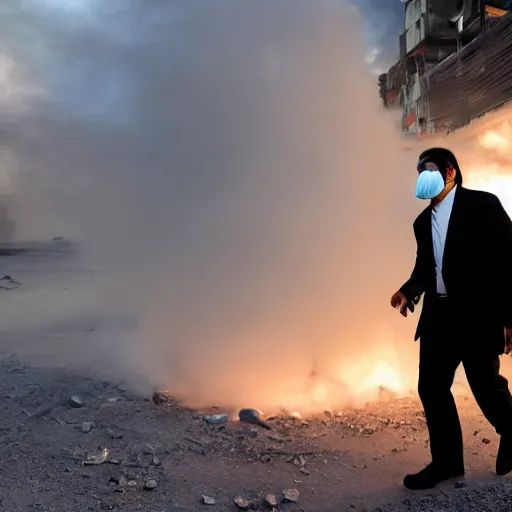 Image similar to photo of a man in a suit wearing a latex mask of a emperor penguin, at a favela, walking away from explosion, dramatic lighting