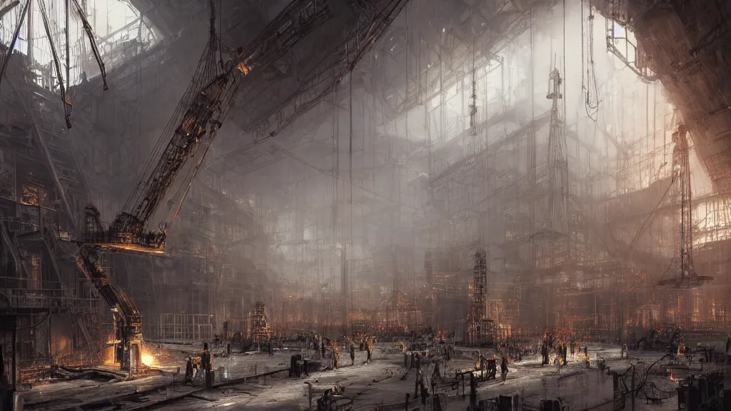 Prompt: interior of heavy steel foundry with cranes and engineers working on molten steel hyperdetailed, artstation, cgsociety, by greg rutkowski, by Gustave Dore