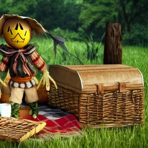 Image similar to scarecrow has a picnic, extremely photorealistic