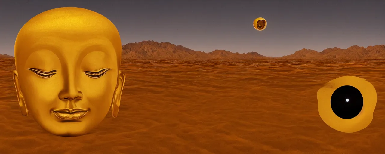 Image similar to a surreal golden painting of giant buddahs eyes floating above the desert