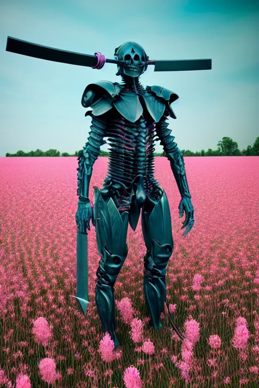 Image similar to hyperrealistic neo - gothic muscular human demon hybrid, exoskeleton armor, holding katana, standing in a field of pink flowers, highly detailed smooth concept art masterpiece, vitaly bulgarov dramatic dark teal light, ground angle hd 8 k, sharp focus