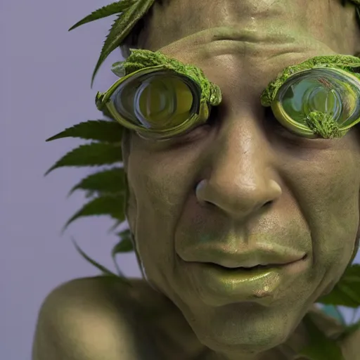 Image similar to cannabis plant as a humanoid, realistic artstyle, wide shot, dramatic lighting, octane render, hyperrealistic, high quality, highly detailed, HD, beautiful, cinematic, 8k, unreal engine, facial accuracy, symmetrical