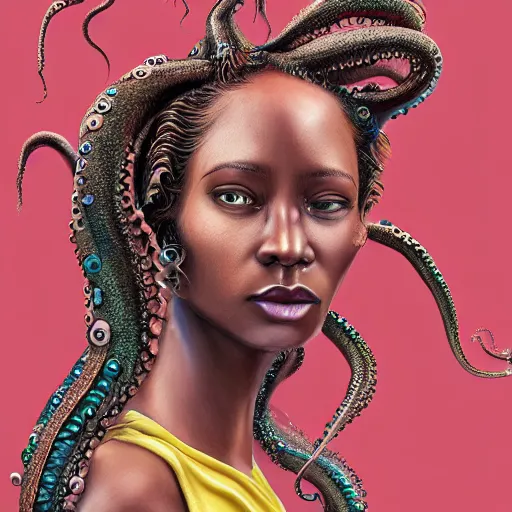 Prompt: rastafari woman with octopus arms as hair, intricate, elegant, highly detailed, digital painting, realistic shading, cinematic composition, hdr, photorealistic, 8 0 mm, concept art, artstation, matte, sharp focus, illustration, art by keith thompson and christopher lane